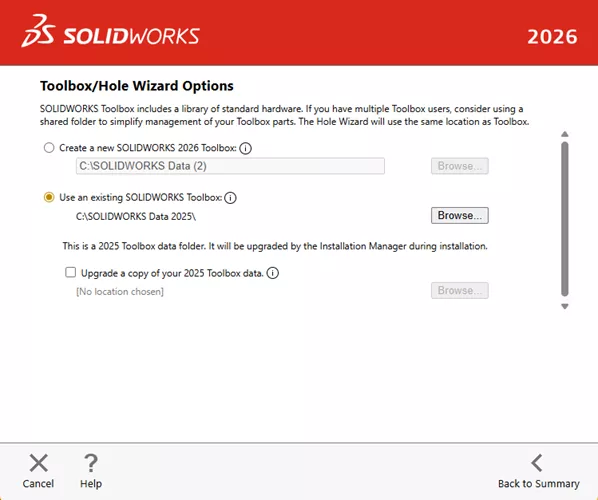SOLIDWORKS 2026 Installation Manager Toolbox/Hole Wizard Options