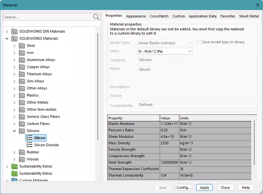 SOLIDWORKS 2026 Materials Library