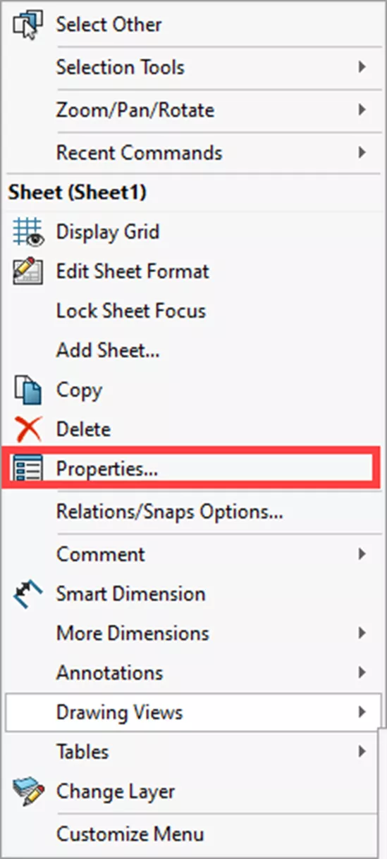 SOLIDWORKS 2026 Properties Option