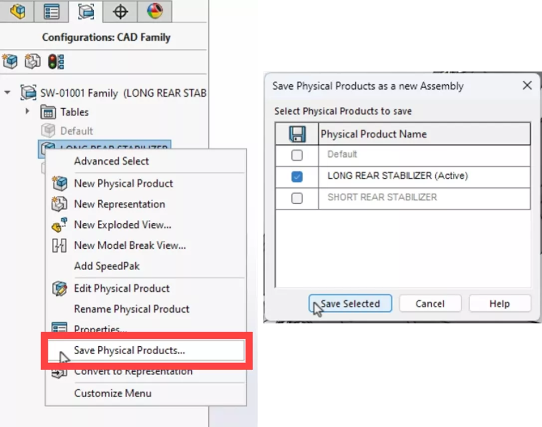 Save Configuration as New Physical Product in SOLIDWORKS 2026