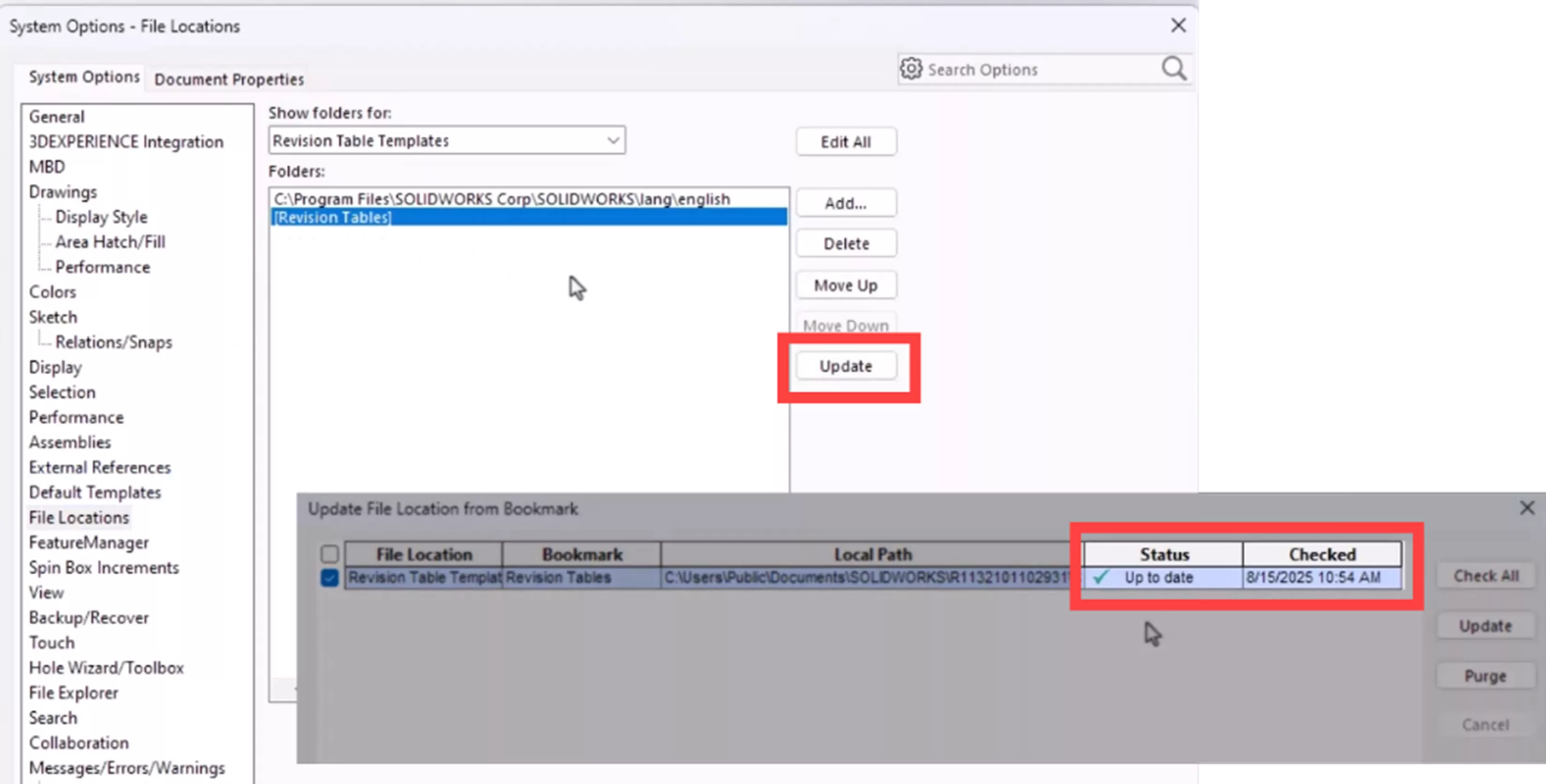 System Options – File Locations – Bookmark Update SOLIDWORKS 2026