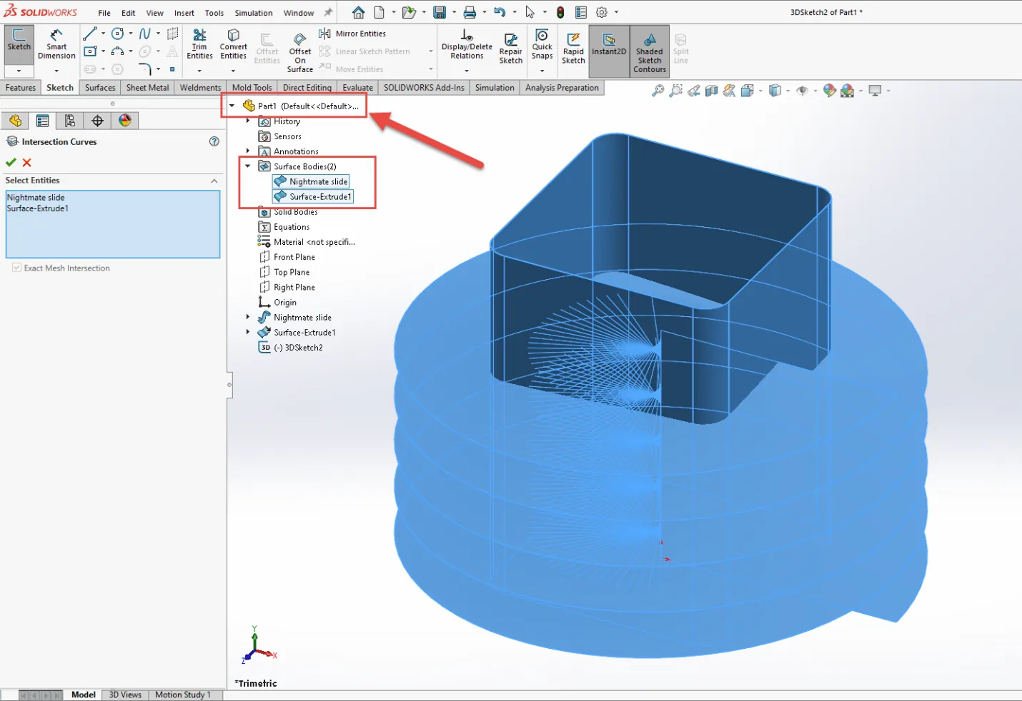 SOLIDWORKS 3D Sketch Constrained by Intersected Surface Bodies