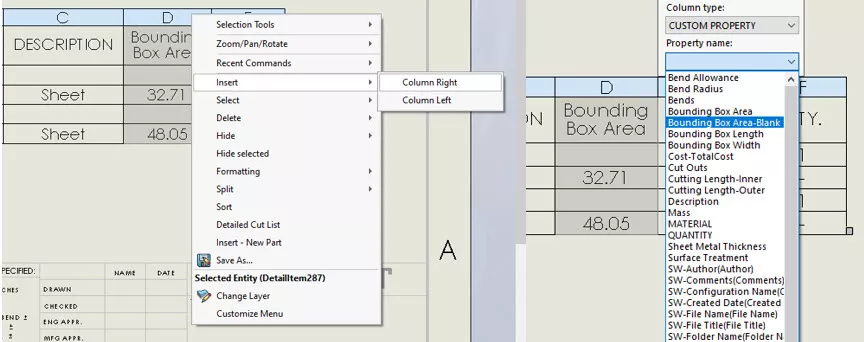 Add columns for Bounding Box Area and Bounding Box Area-Blank in SOLIDWORKS