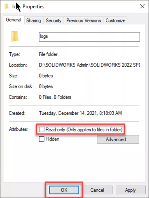 SOLIDWORKS Logs Properties Read-only Option Admin Image Creation and Deployment