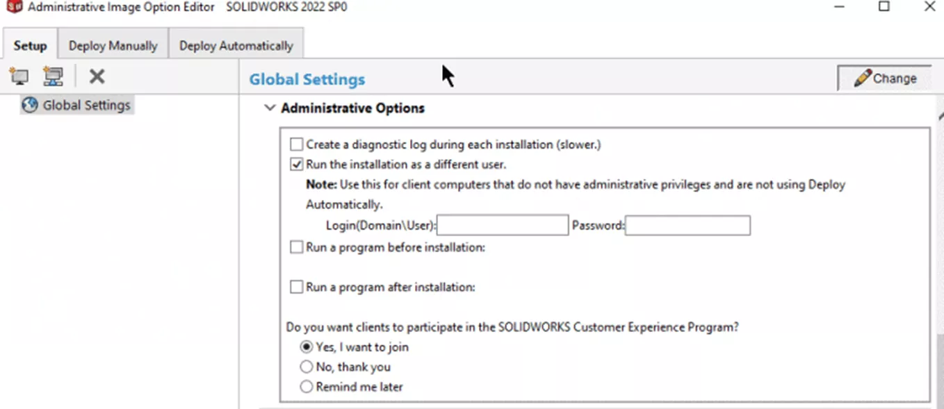 SOLIDWORKS Administrative Options Option Editor