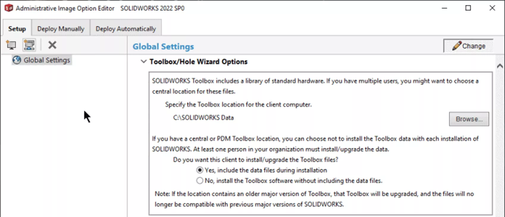 SOLIDWORKS Admin Image Toolbox/Hole Wizard Options