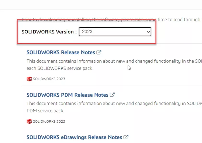 Select Your SOLIDWORKS Version from the Dropdown List