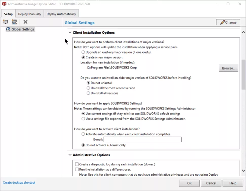 SOLIDWORKS Admin Image Option Editor Client Installation Options