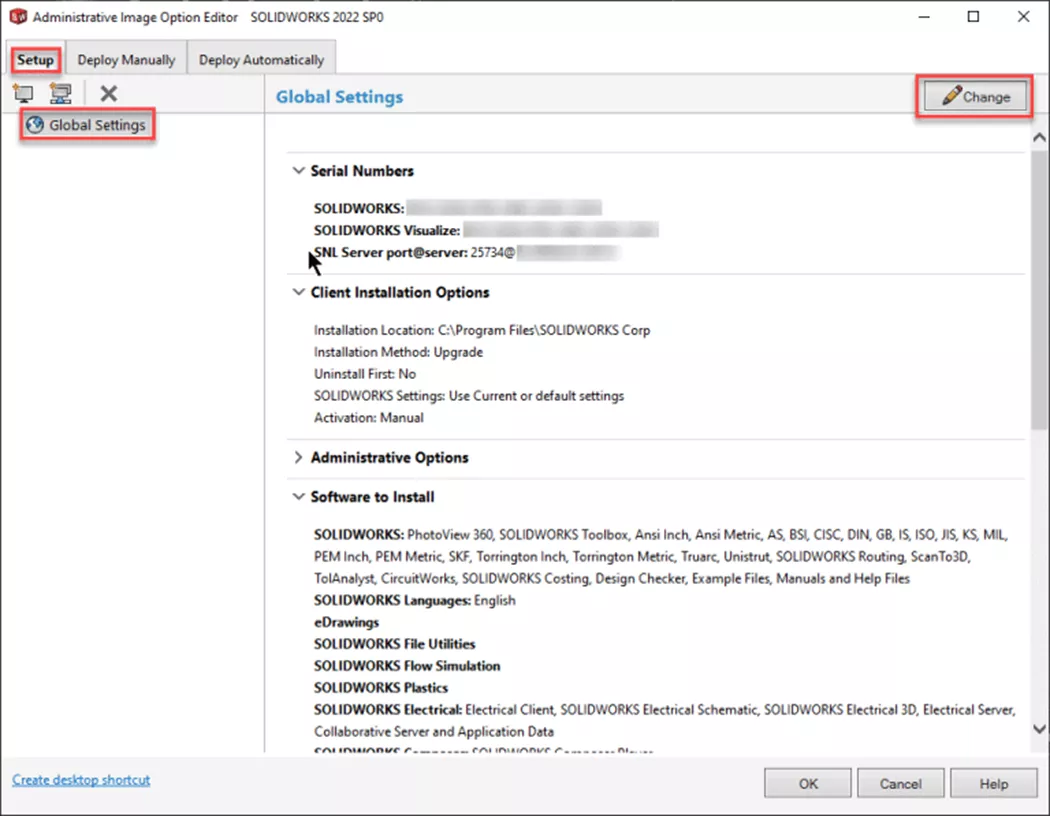 SOLIDWORKS Admin Image Option Editor Global Settings