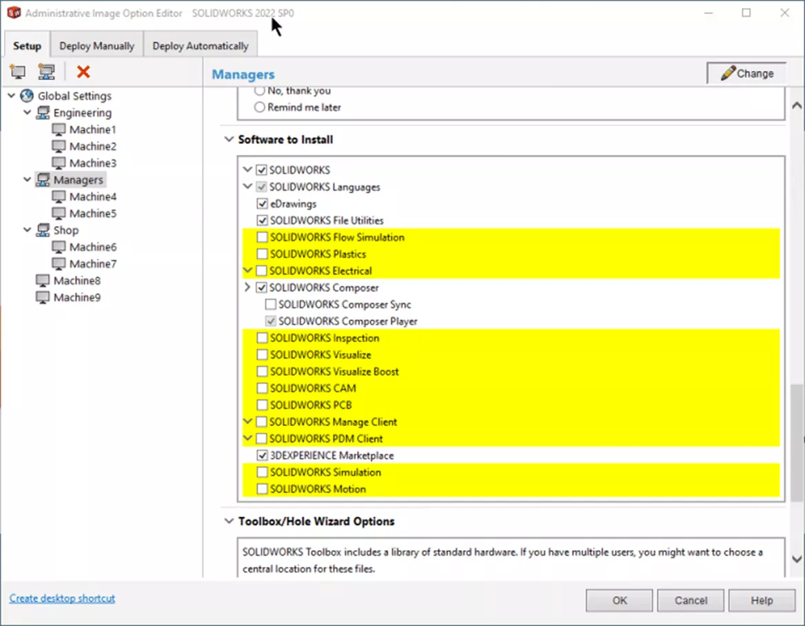 SOLIDWORKS Administrative Option Editor Software to Install Managers