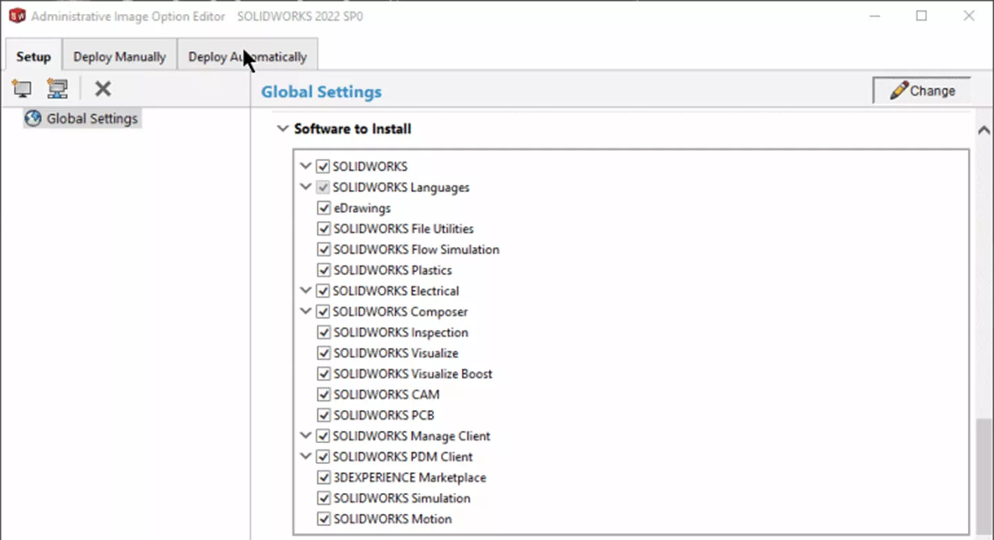 SOLIDWORKS Administrative Image Option Editor Select Software to Install 