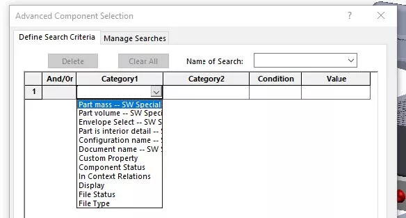 SOLIDWORKS Advanced Component Selection Category Options