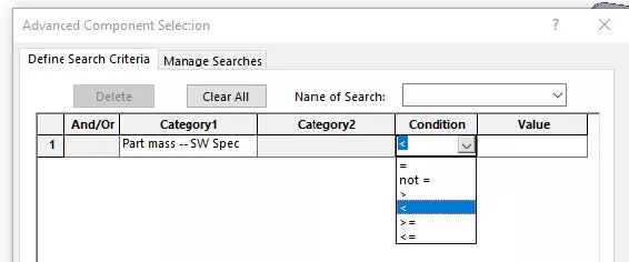 SOLIDWORKS Advanced Component Selection Condition Options