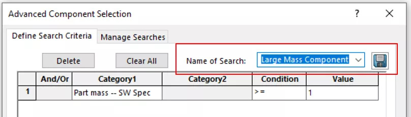 SOLIDWORKS Advanced Component Selection Saved Search