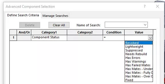 SOLIDWORKS Advanced Component Selection Value Options
