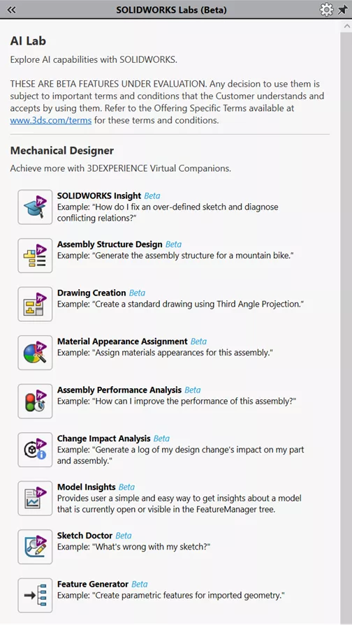 SOLIDWORKS AI Lab Mechanical Designer Capabilities 