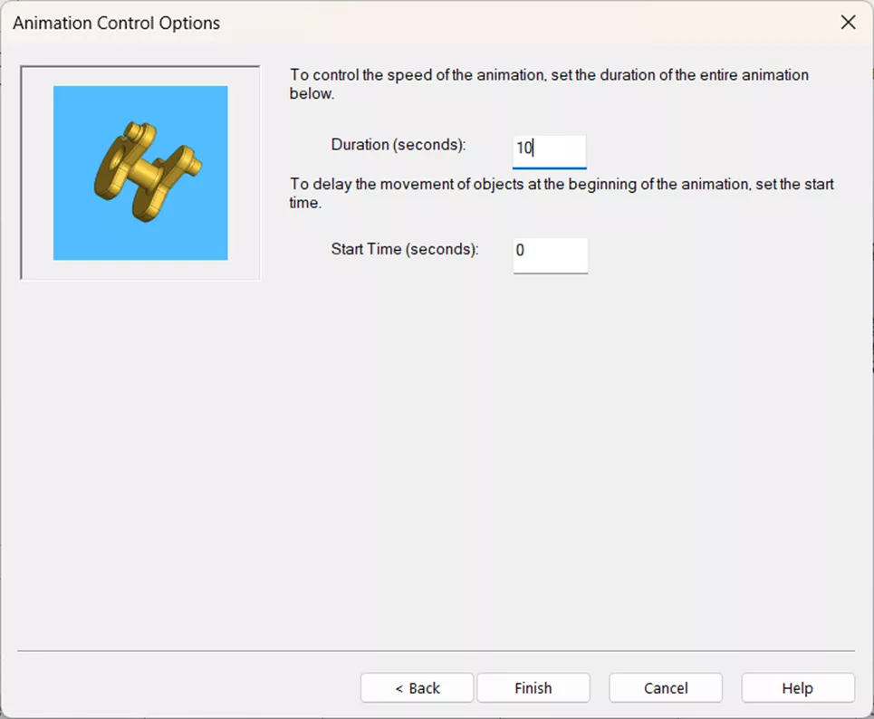 SOLIDWORKS Animation Wizard Animation Control Options Page
