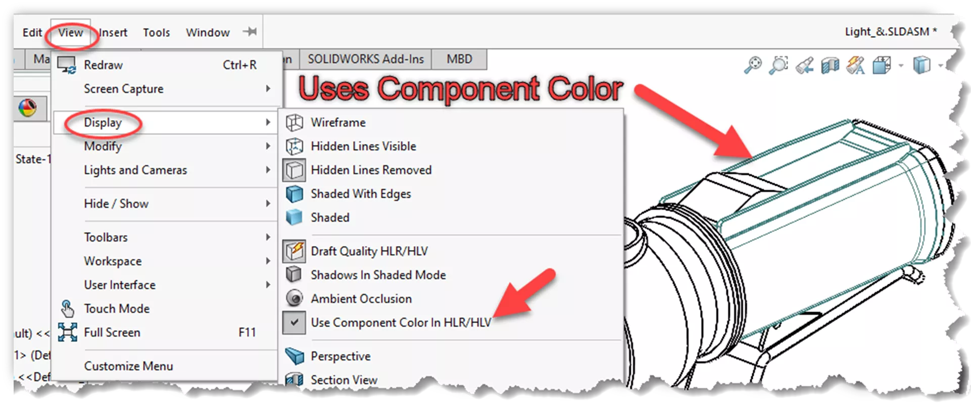 Use Component Color in HLR/HLV Option in SOLIDWORKS