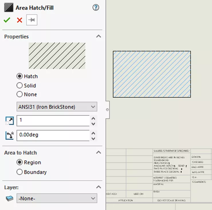 SOLIDWORKS Area Hatch/Fill PropertyManager set to ANSI31 (Iron BrickStone) Pattern