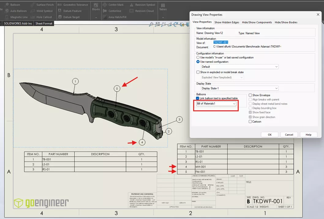 SOLIDWORKS Balloons in Drawing View Properties