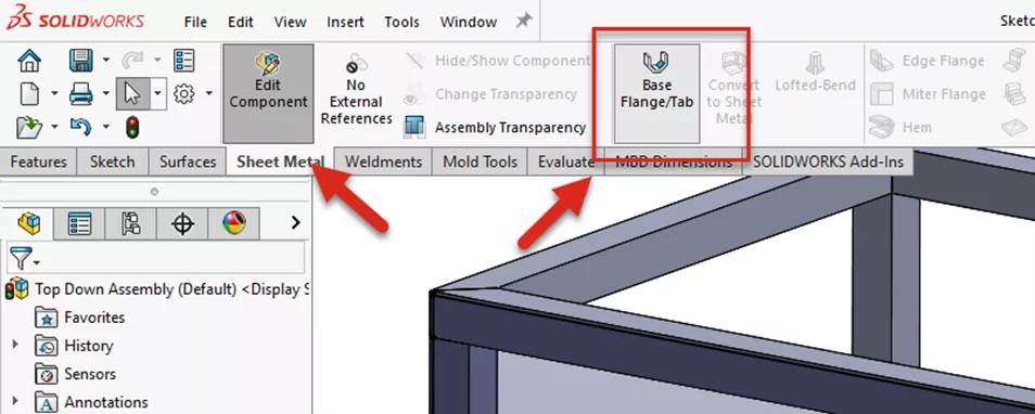 SOLIDWORKS Edit Component and Base Flange/Tab Commands