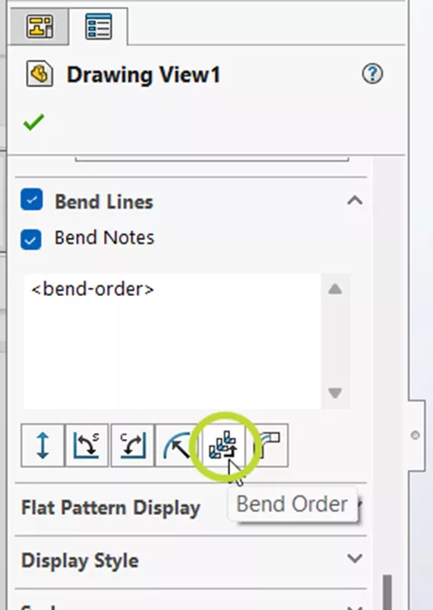 Bend Notes Section of a Flat Pattern Drawing View PropertyManager