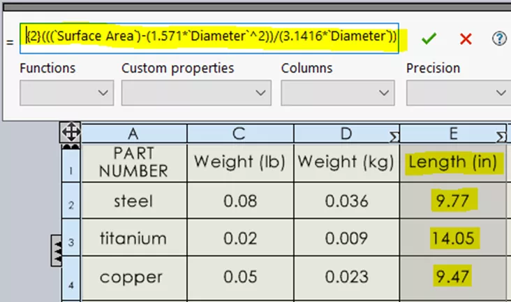 SOLIDWORKS Bill of Materials Length Equations 