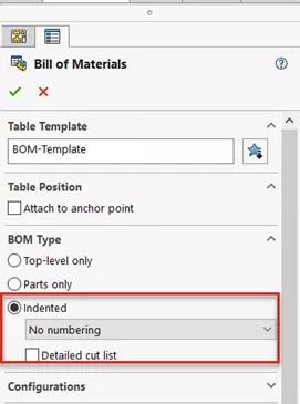 SOLIDWORKS Bill of Materials No Numbering Option 