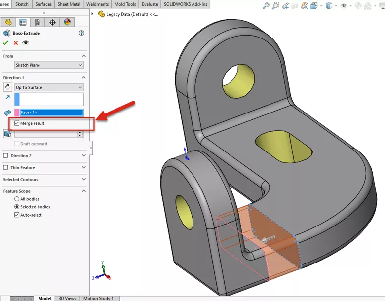 SOLIDWORKS Boss Extrude Feature Merge Results