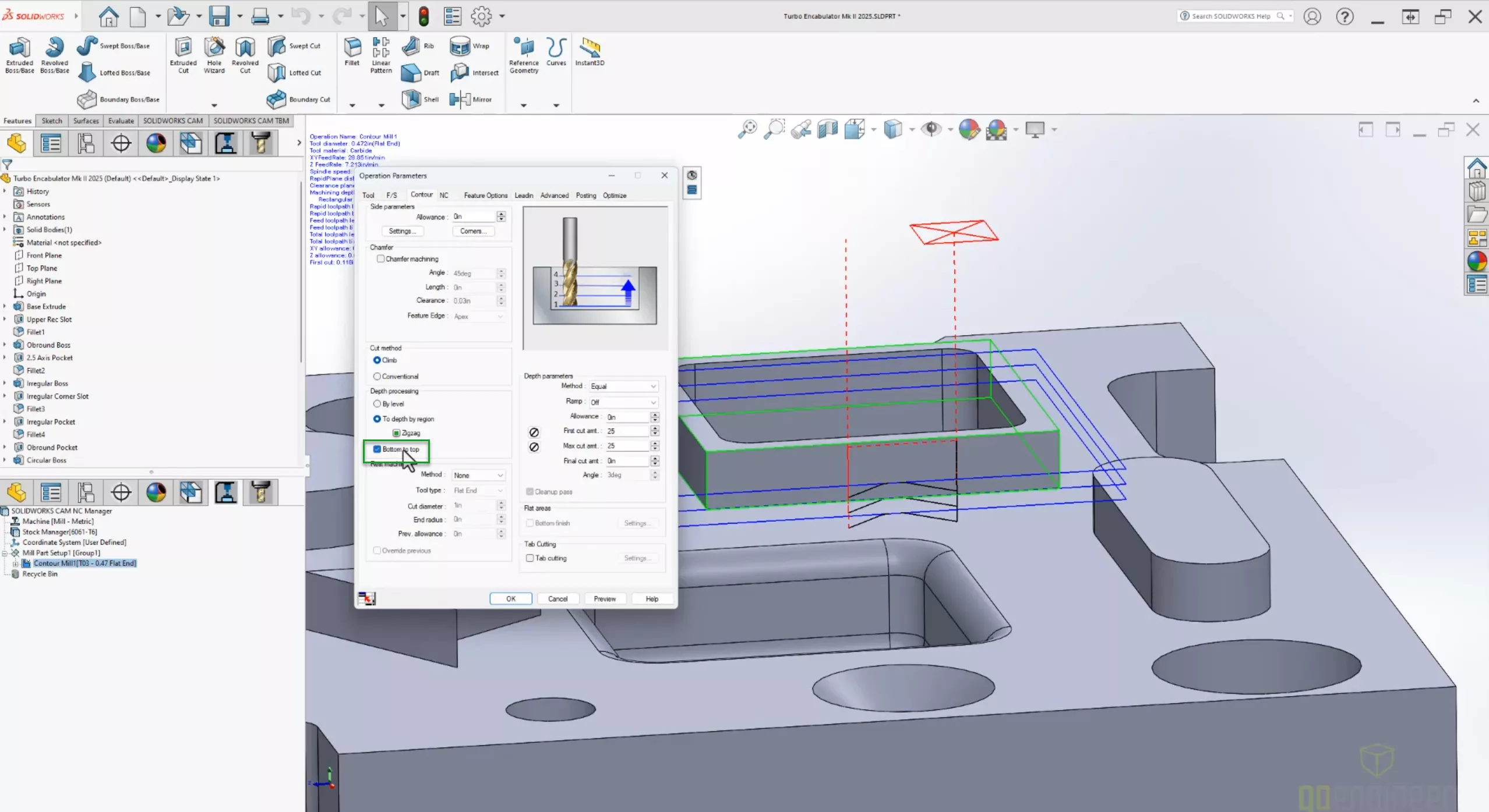 SOLIDWORKS CAM 2025 Bottom to Top Operation Parameters