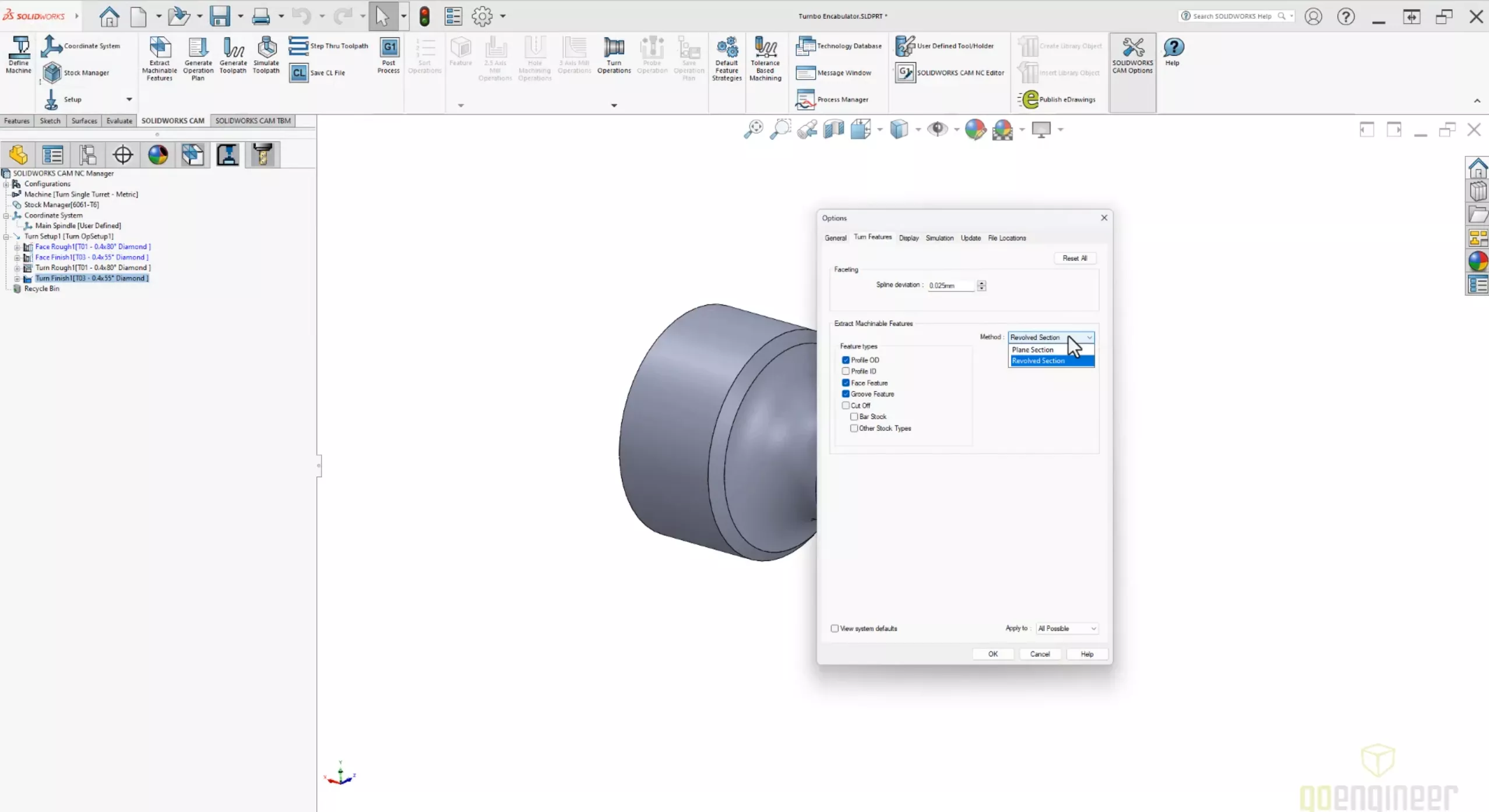 SOLIDWORKS CAM 2025 Plan Section and Revolved Section Options 