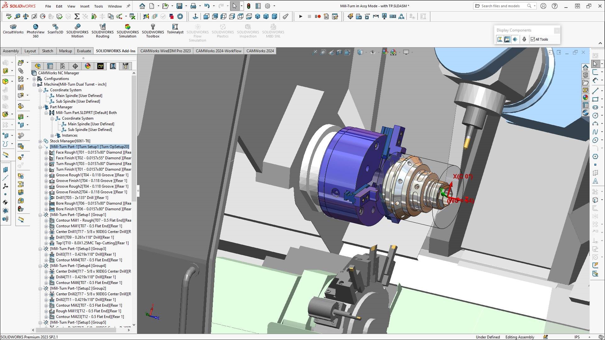 A screenshot of SOLIDWORKS running the CAMWorks add-in for milling and turning.