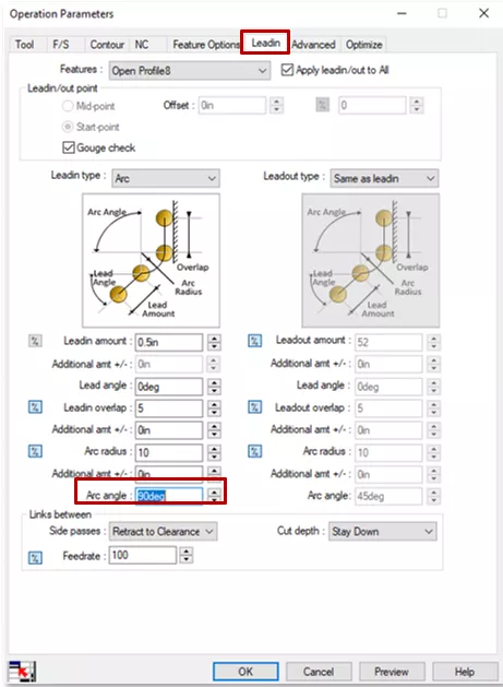 SOLIDWORKS CAM Operation Parameters LeadIn Tab Options