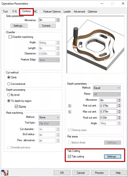 SOLIDWORKS CAM Operation Parameters Tab Cutting Under Contour Tab 