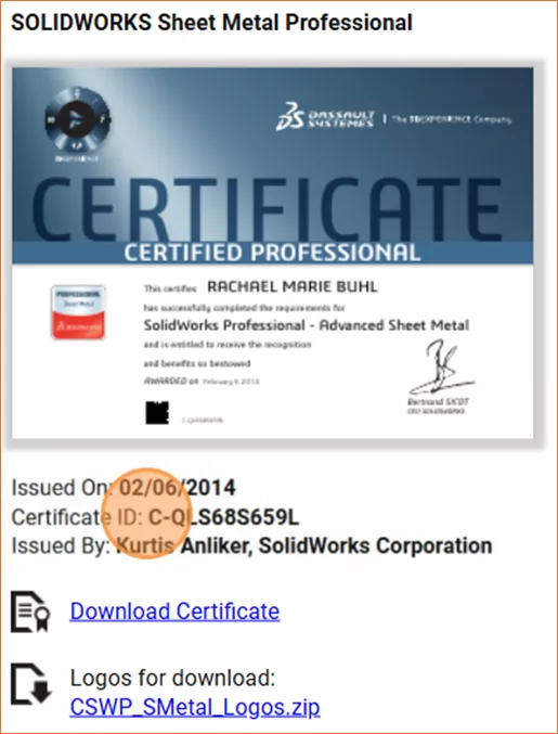  SOLIDWORKS Certificate ID 