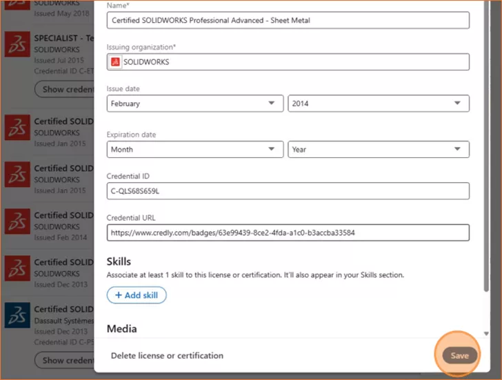 SOLIDWORKS Certification Credential ID on LinkedIn