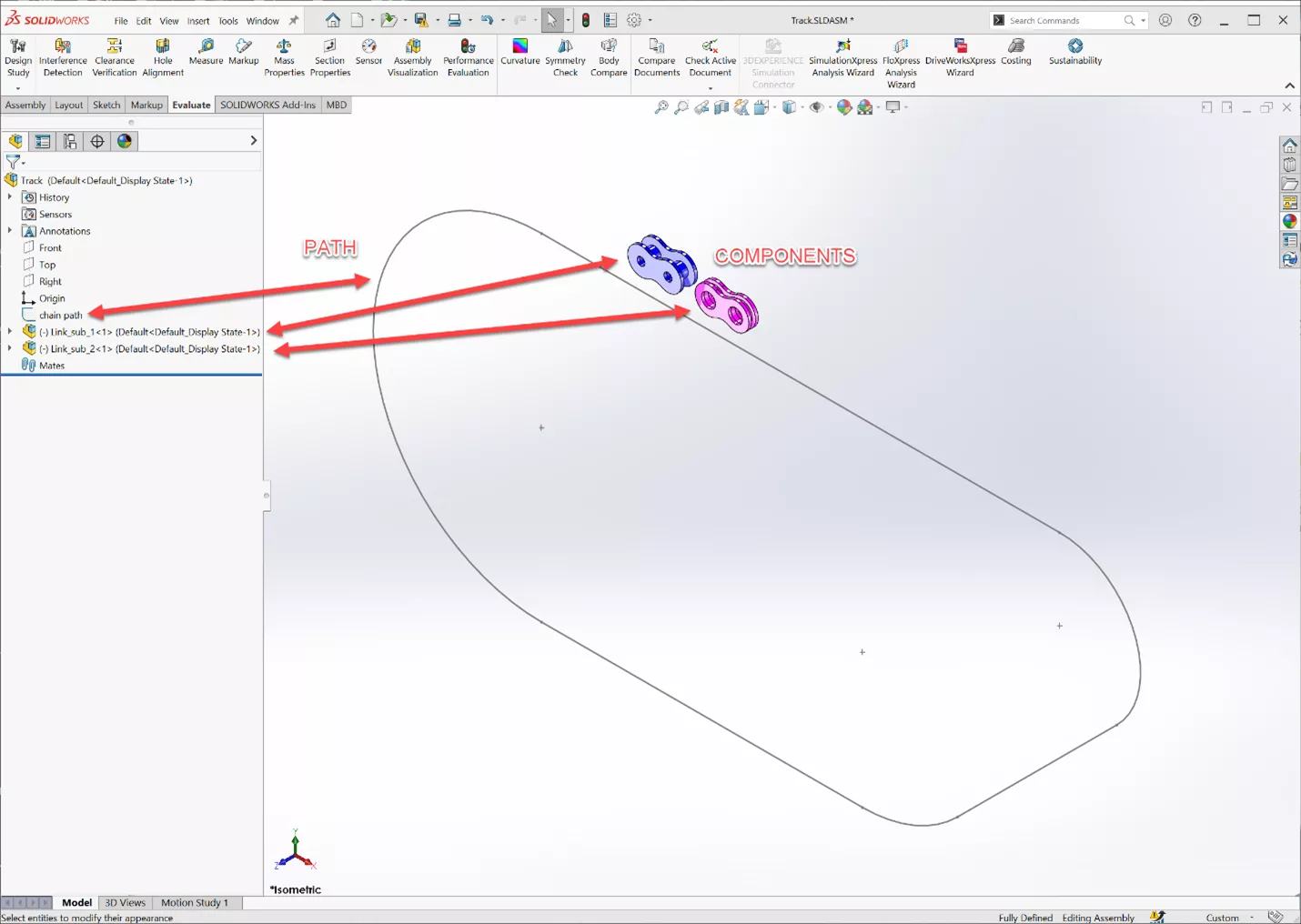 Creating a Chain Component Pattern Feature in SOLIDWORKS 