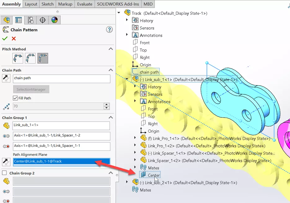 SOLIDWORKS Chain Pattern Path Alignment Plane 