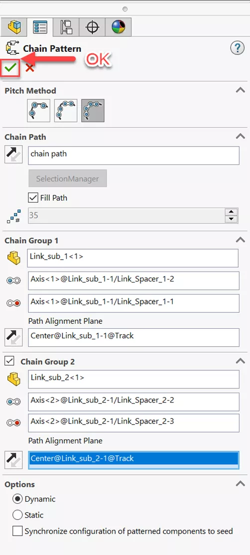 SOLIDWORKS Chain Pattern Feature Selection 