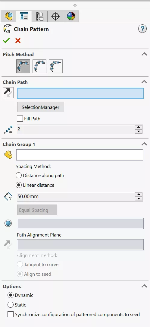 SOLIDWORKS Chain Component Pattern PropertyManager