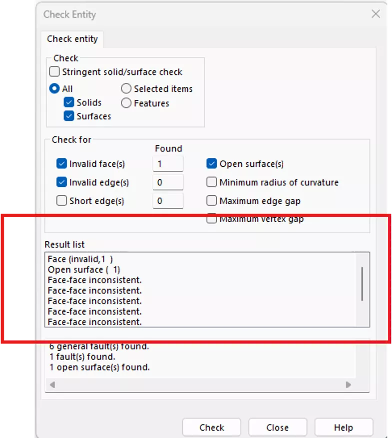 SOLIDWORKS Check Entity Results List