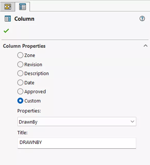 SOLIDWORKS Column PropertyManager with Custom selected