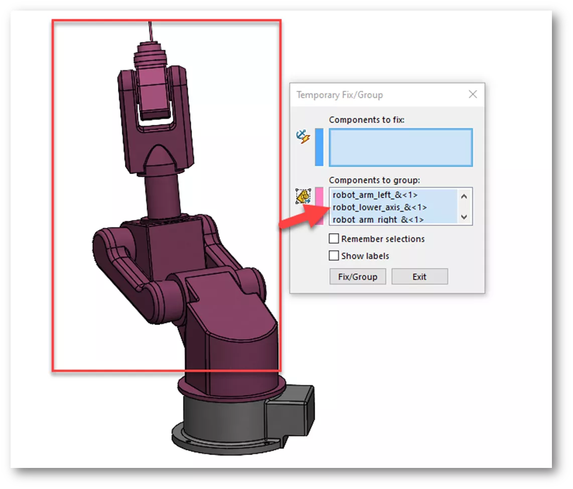 Group Components Together Using the Components to Group Field in SOLIDWORKS 