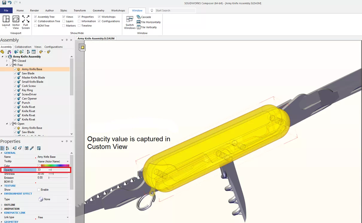 SOLIDWORKS Composer Opacity Value Captured in Custom View