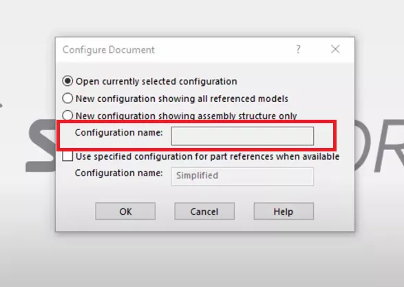 Configuration Name Box in SOLIDWORKS Configure Document Dialog Box 