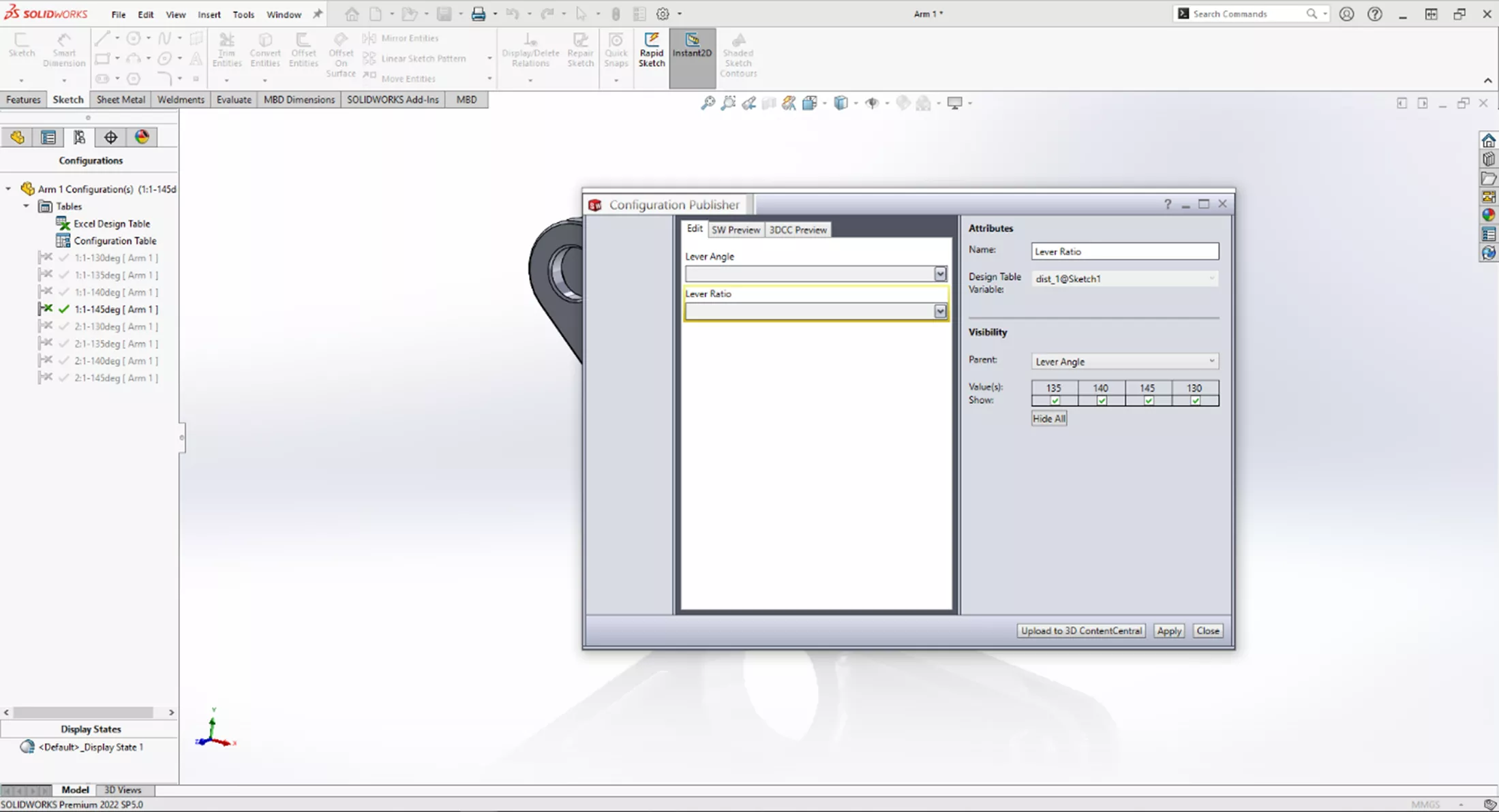 SOLIDWORKS Configuration Publisher Lever Angle and Lever Ratio