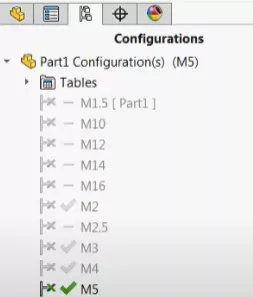 SOLIDWORKS Configurations Tree for Tables