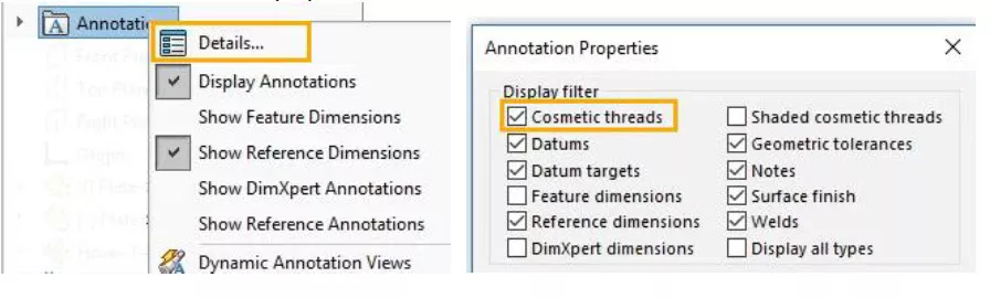 SOLIDWORKS Cosmetic Threads Display Options 