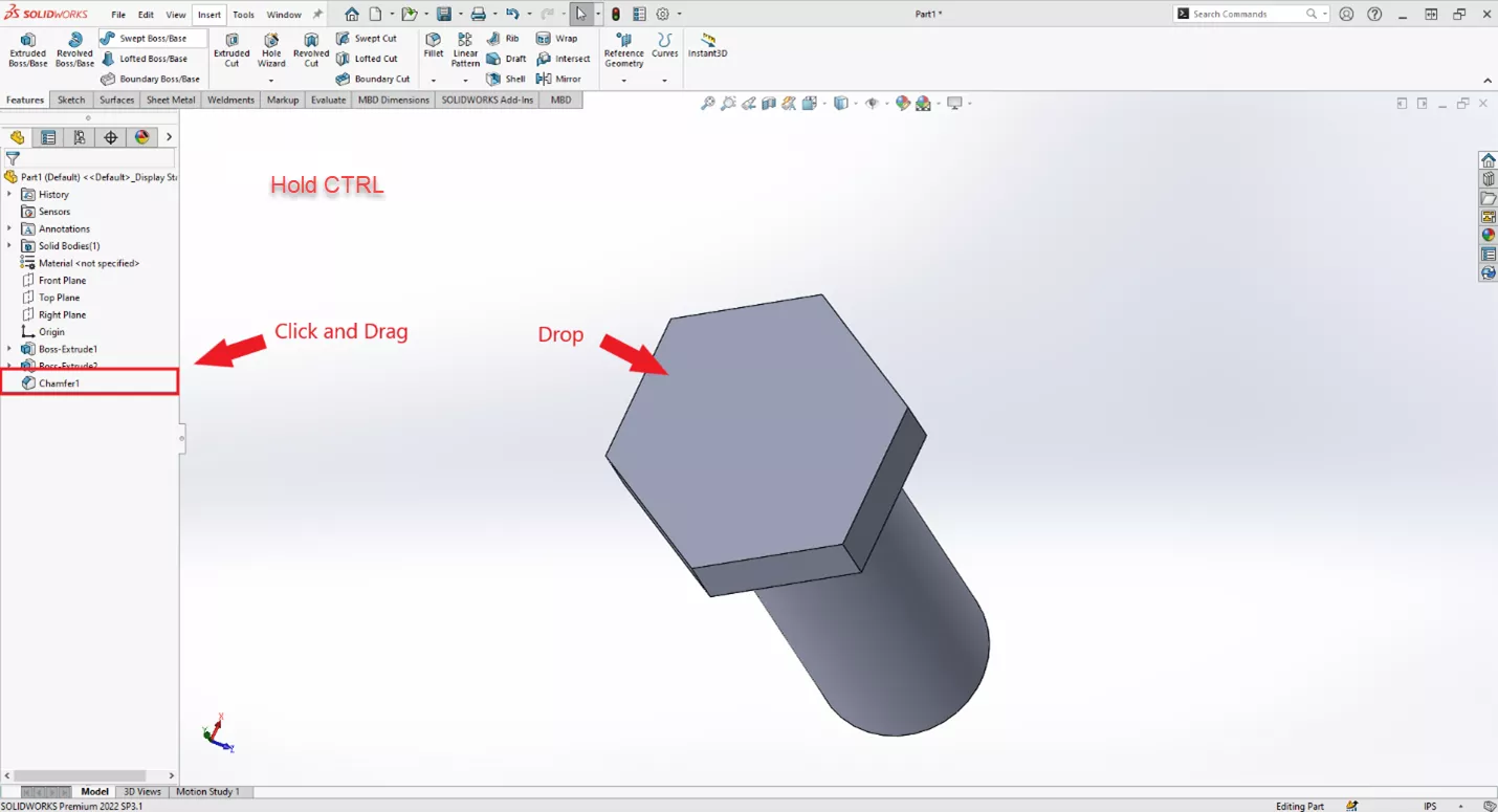 Use CTRL in SOLIDWORKS to Drag and Drop Features