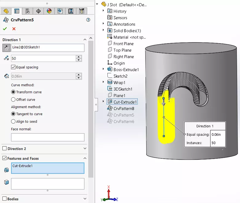SOLIDWORKS Curve Drive Pattern Along the Straight Segment of a Tool Path
